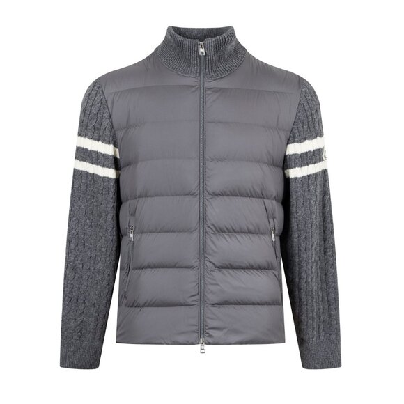 Moncler Grey Down Jacket | Wool Knit Sleeves, White Stripes, 90% White Duck Down - Picture 1 of 9